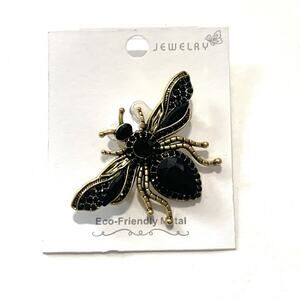 Black Rhinestone Bee Brooch Bronze Tone Pave Statement Insect Pin New